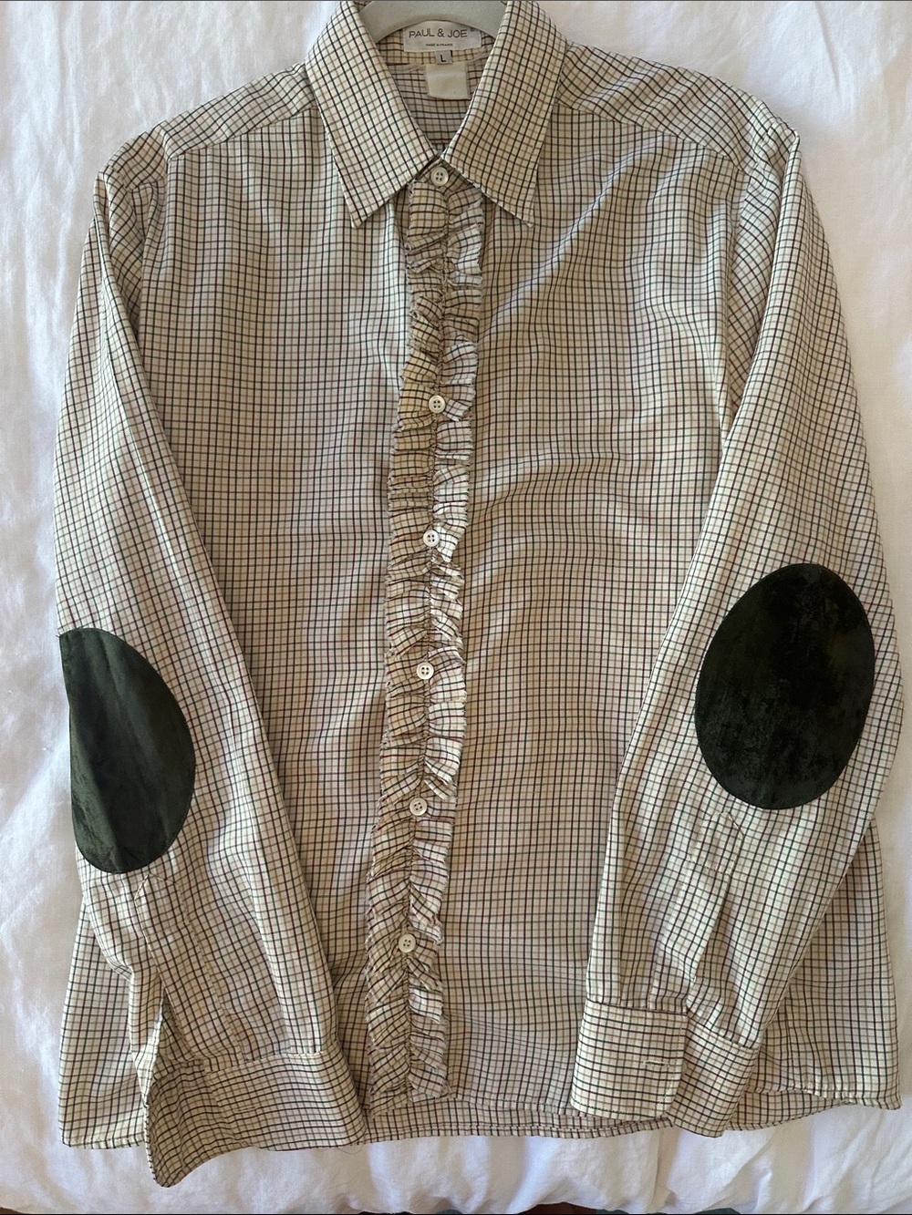 Vintage Paul and Joe ruffle front with patched elbows  Oxford shirt